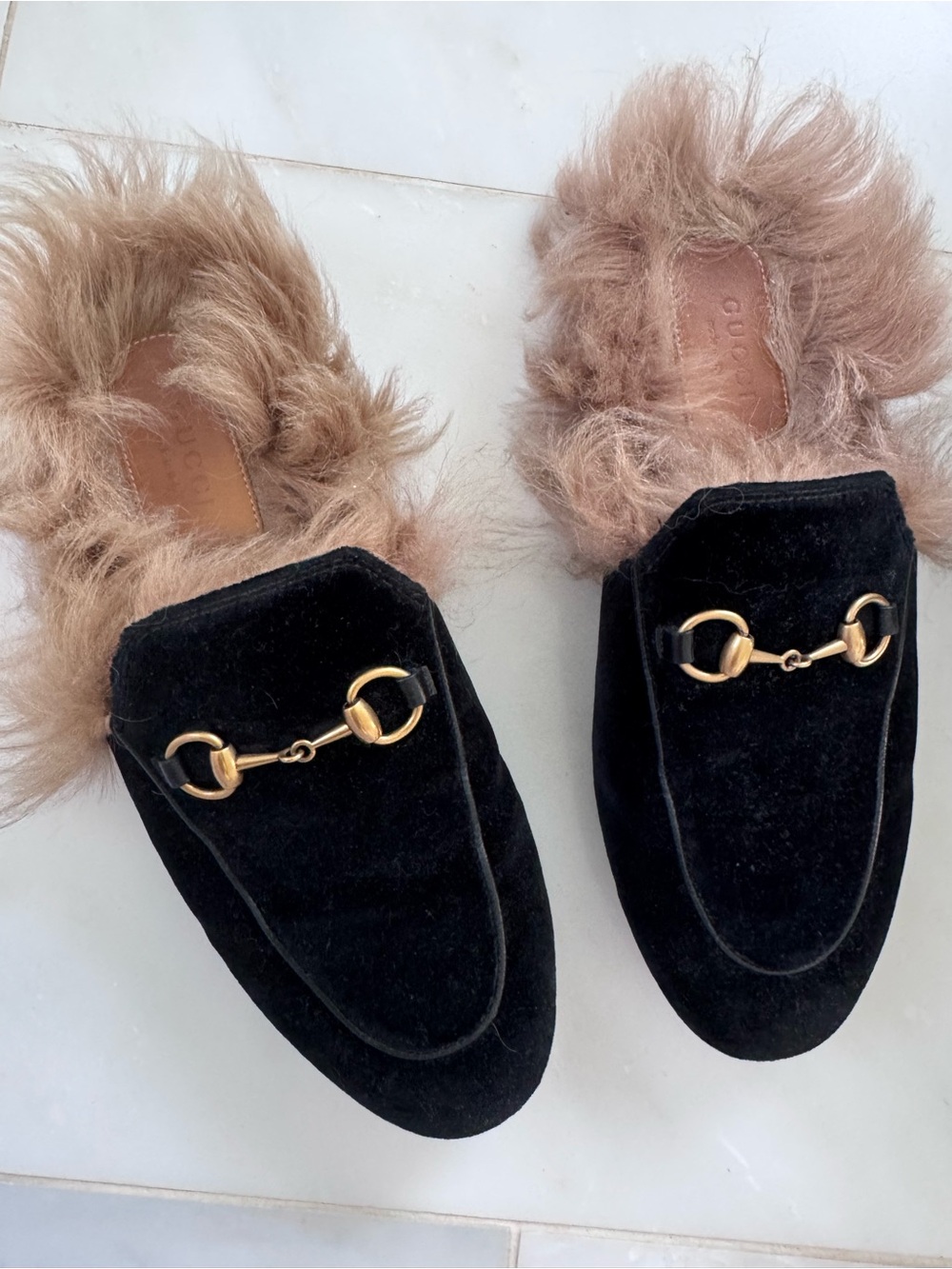 Gucci Black Velvet Mules with Tan Fur and Gold Horsebit